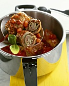 Roulades in spicy tomato sauce, cooked in pressure cooker