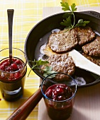Liver pancakes with cranberry sauce (dish from Finland)