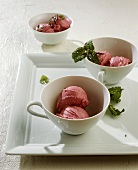 Cranberry and raspberry ice cream in three small bowls