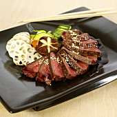 Teriyaki steak with fried vegetables and mushrooms (Japan)