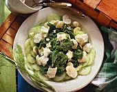 Spinach & cucumber salad with mushrooms & sheep's cheese