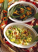 Green beans with chanterelles; mushrooms with endive