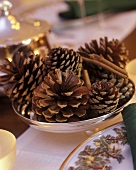 Fir cones in a silver bowl on the Christmas table