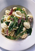 Pasta (orecchiette) with rocket and red onions