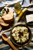 Sheep's cheese salad with olive oil, olives & parsley
