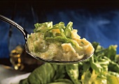 A spoonful of mashed potato with endive