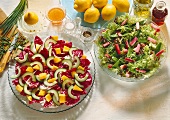Salad leaves with rhubarb & radicchio with cucumber, melon