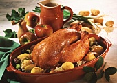 Whole chicken with sweet chestnuts, apples & potatoes