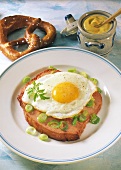 Meatloaf with fried egg, spring onions, mustard & pretzel