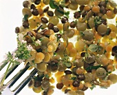 Lentil salad with sprigs of thyme (close-up with fork)