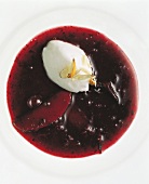 Elderberry soup with apples, plums & poached meringue with nuts