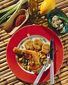 Chicken thighs with bean cakes and almond and onion sauce