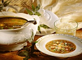 Chicken broth and onion soup with duck and grated cheese