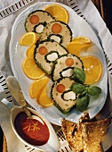 Game terrine (sliced) with oranges, Cumberland sauce, bread