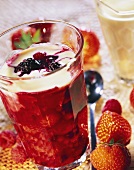 Red berry cream with vanilla sauce in glass