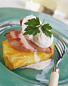 Saffron cod with ham and poached egg