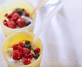 Walnut and berry yoghurt in two pots with spoons