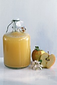 Cider vinegar in bottle, apples and apple blossom