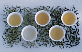 Green tea in small bowl surrounded by tea leaves
