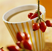 Rose hip drink with fresh rose hips on edge of glass