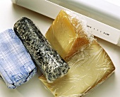 Cheese in transparent film in front of fridge compartment