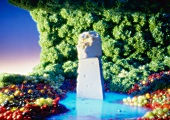 Cheese cliffs in water surrounded by fruit and salad