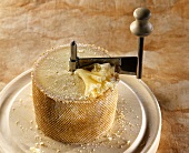Swiss cheese Tete de Moine with a Girolle (cutting utensil)