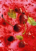 Fresh cherries with leaves on red sauce