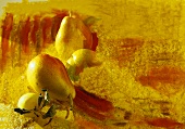 Birnen und ein Apfel auf künstlerisch bemaltem Untergrund