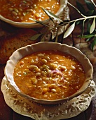 Bean soup with onions in a soup dish