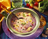 Polish cold yoghurt soup with vegetables & bread cubes
