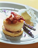 Fried peaches with lavender on almond blinis