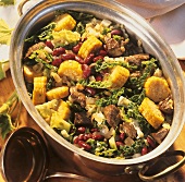 Sweetcorn and savoy stew with beef and red beans