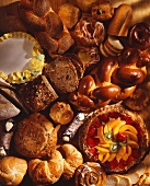 Various breads, sweet pastries and cakes