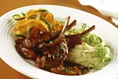 Lamb chops with apricots, mashed potato & vegetable strips