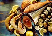 Still life with fresh fish, shrimps, mussels and lemons