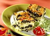 Spinach lasagne on plate with tomato beetle