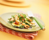 Shrimp salad with eggs, spring onions and dill