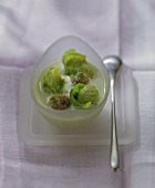Cream of Brussels sprout soup with lamb balls & chervil