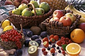 Obst, Beeren und exotische Früchte, teilweise in Körben