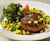 Fillet steak with sweetcorn, peas and herb bouquet