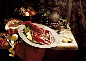 Still life with lobster on platter, snails, fruit, ham