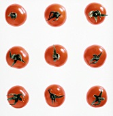 Nine tomatoes, arranged in a square