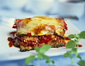 Courgette parmigiana with tomatoes on white plate