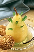 Poached pear with angelica root and almond biscuit