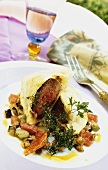 Pigeons in pastry with deep-fried parsley & vegetables