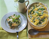 Courgette and pasta bake; vegetable casserole with ham