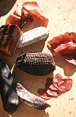 Air-dried beef (Bündnerfleisch), bacon, dried venison etc