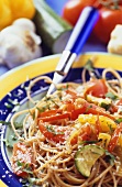 Wholemeal spaghetti with ratatouille and Parmesan