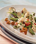 Mushroom cassoulet with asparagus and caper sauce